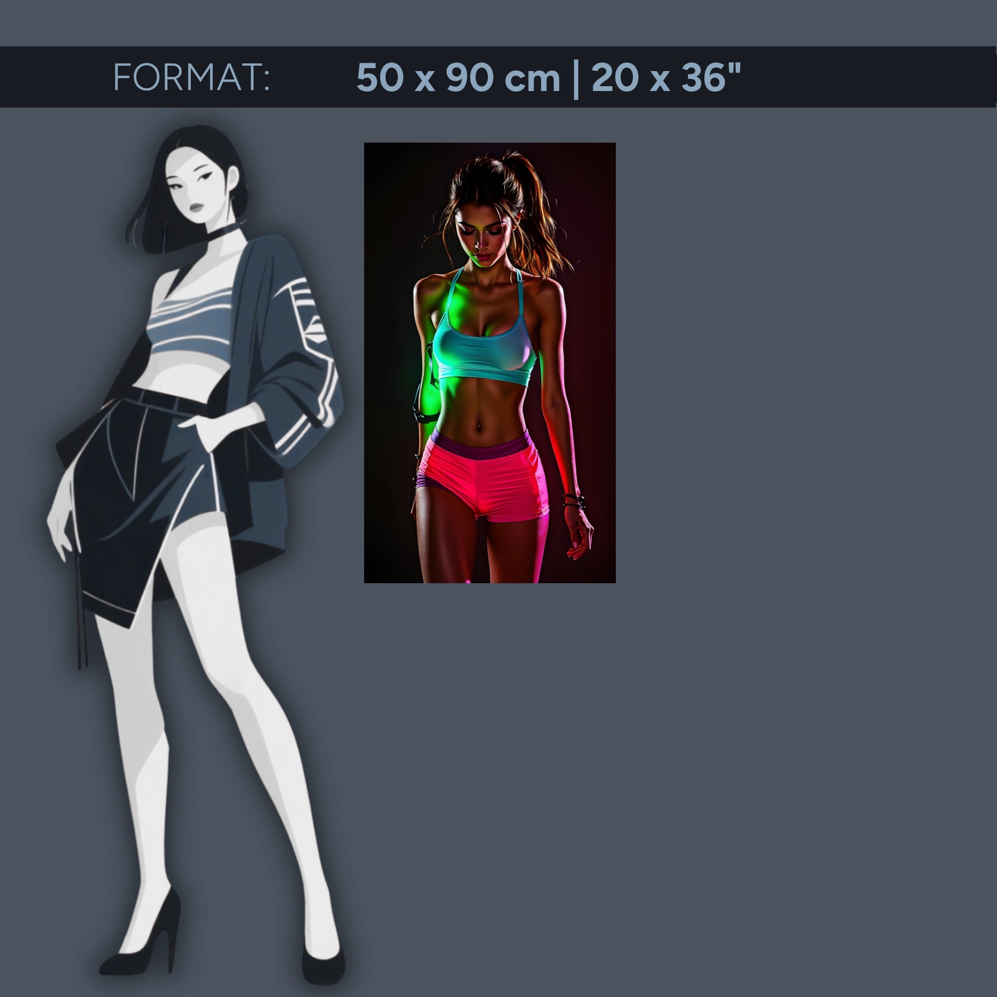 Œuvre d'art fitness néon sur verre acrylique – femme sportive dans un design lumineux moderne